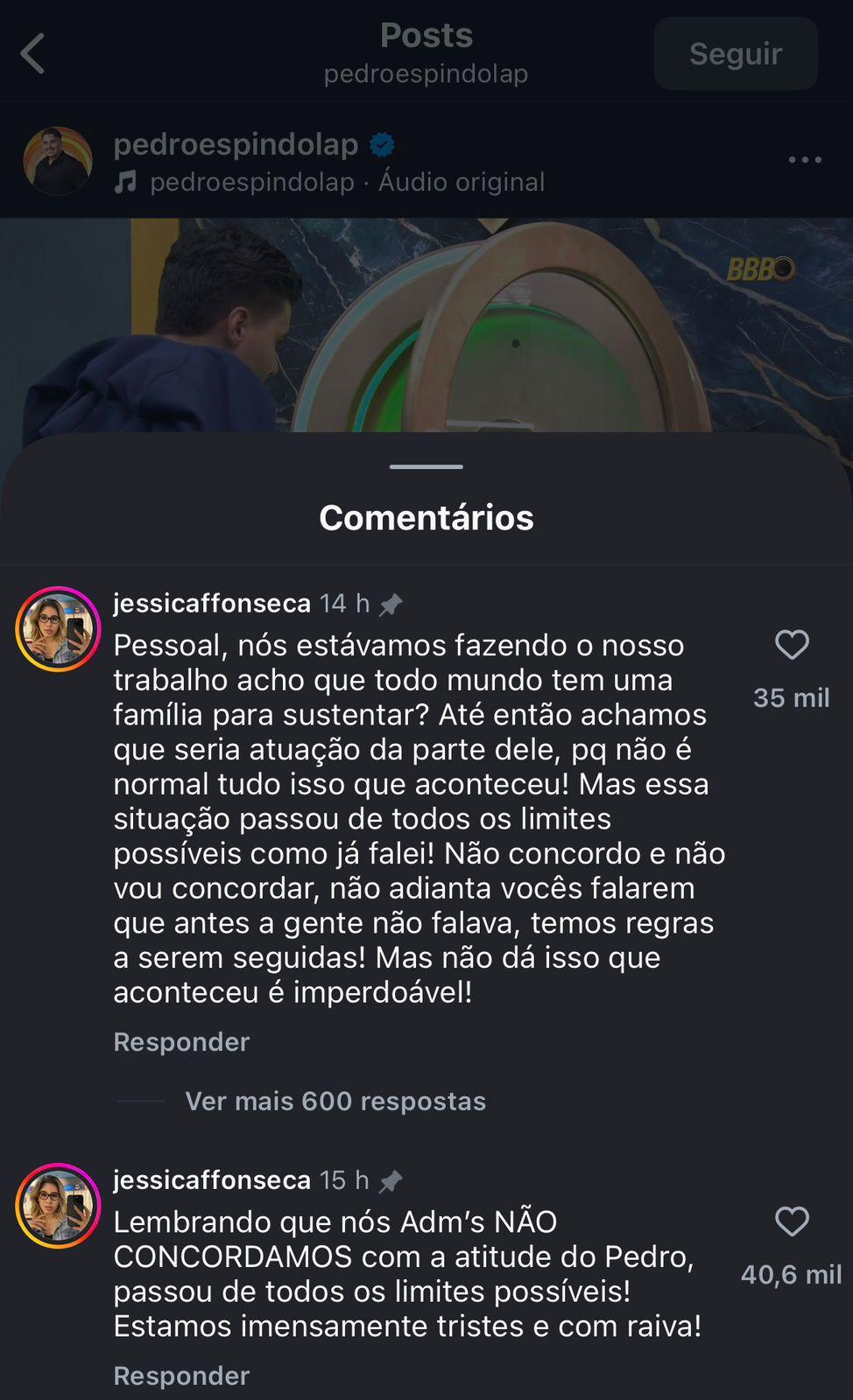 Administradores do perfil de Pedro no Instagram se posicionam sobre participante.