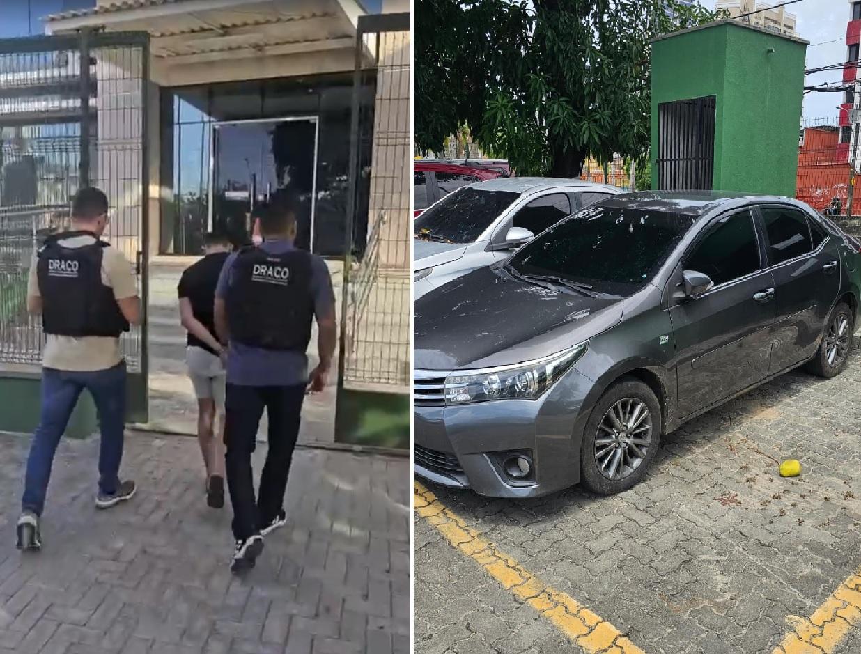 As imagens mostram um homem preso por dois policiais civis e um veículo Toyota Corolla blindado, apreendido com o suspeito.