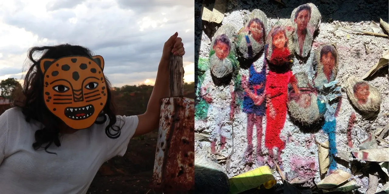 Montagem de duas imagens. À esquerda, uma pessoa usa uma máscara de onça-pintada e se apoia em um objeto, sob um céu nublado. À direita, há uma composição artística de elementos da terra com rostos humanos sobre o solo.