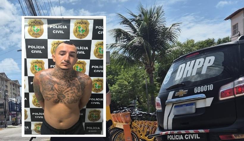 montagem com foto do suspeito executor do cv preso, ao lado viatura dhpp, pcce.