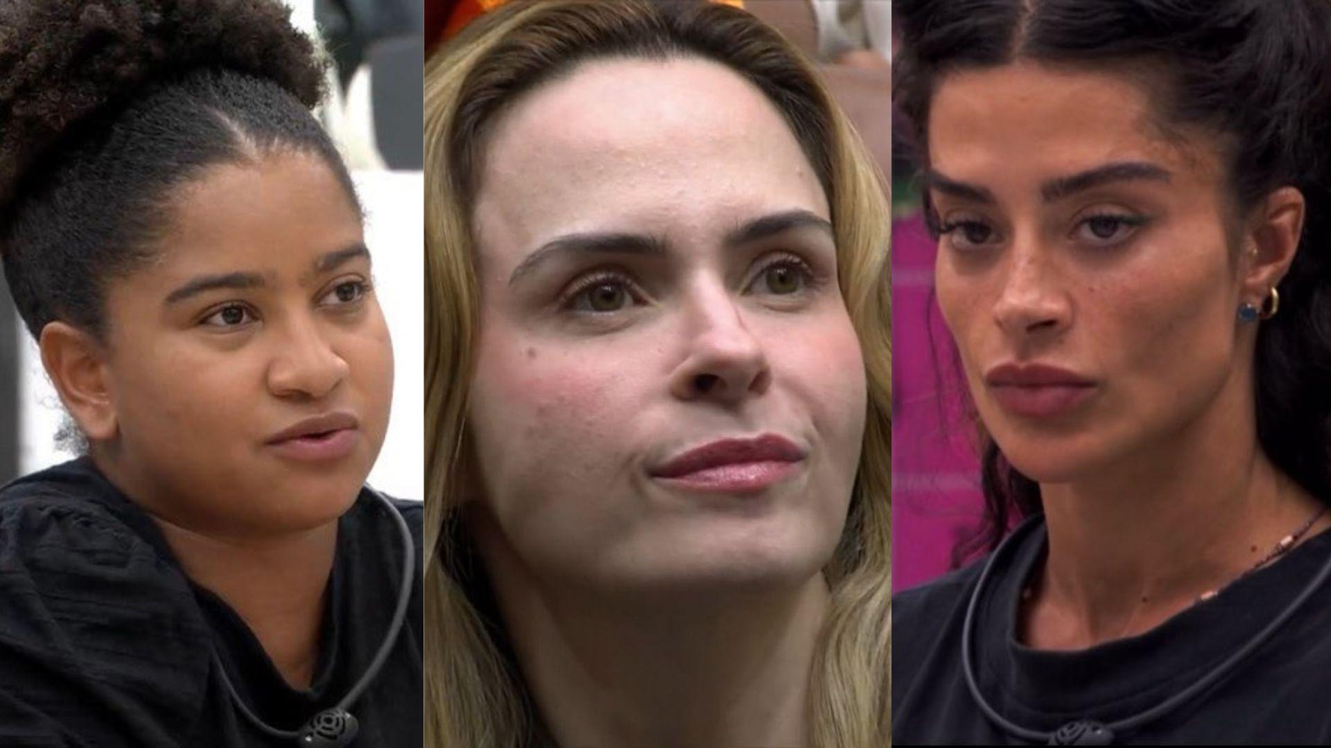 Uma colagem com as participantes do BBB 26 Milena, Ana Paula e Aline.