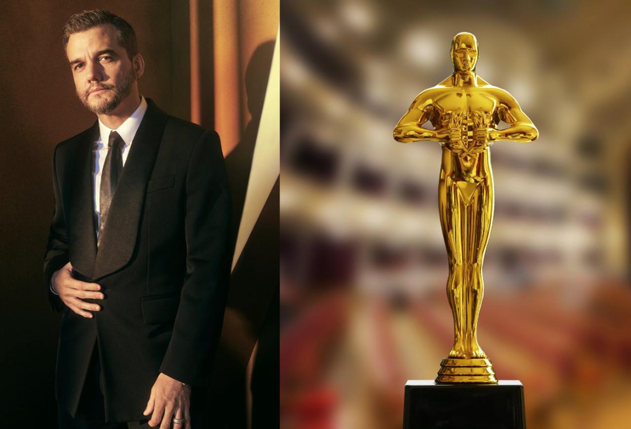 Colagem de duas imagens. À esquerda, Wagner Moura, um homem branco de cabelos e barba castanho, usando um terno preto e com pose séria. À direita, estatueta dourada de uma pessoa, indicando o prêmio do Oscar.