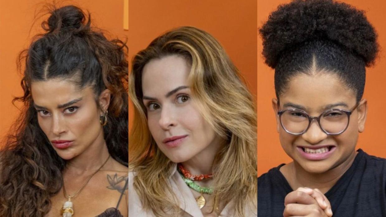 Colagem com a foto oficial das participantes Aline, Ana Paula e Milena do BBB 26. Imagem usada no resultado final da enquete do reality.