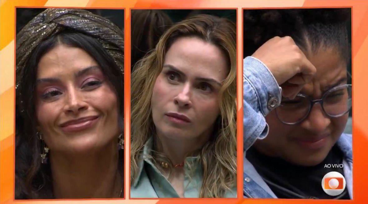 Momento em que a tela na TV ficou dividida entre as três participantes durante discurso do apresentador no primeiro paredão do BBB 26.