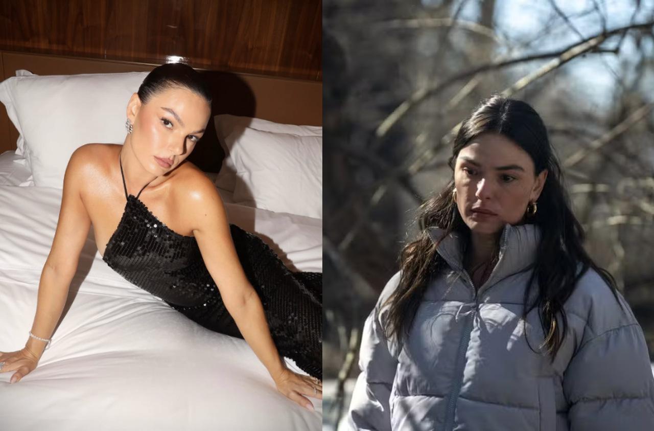 Duas imagens de Isis Valverde, uma mulher branca de cabelo preto. À esquerda, ela está de vestido preto brilhante, cabelo preso e sentada em uma cama de lençois brancos. À direita, ela está de cabelo solta, olha para o chão e usa um casaco grande e cinza.