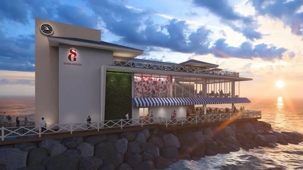 Imagem de uma projeção de projeto arquitetônico no Píer Ideal, evidenciando um restaurante da marca Santa Grelha, de dois andares.