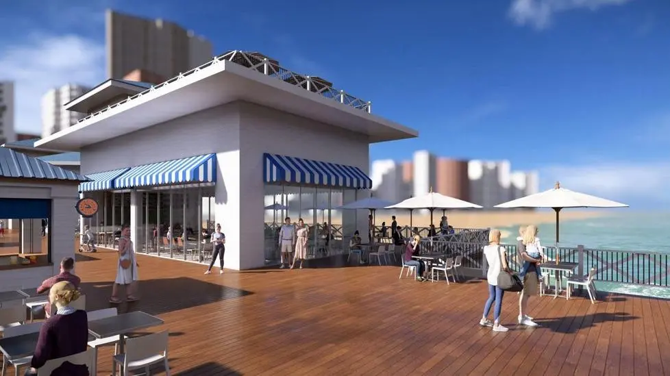 Imagem apresenta reprodução de projeto arquitetônico do Píer do Ideal, com vista para lojas e quiosques.