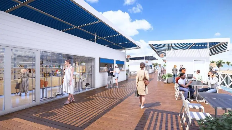 Imagem apresenta reprodução de projeto arquitetônico do Píer do Ideal, com vista para lojas e quiosques.