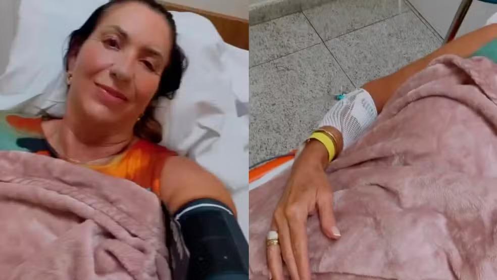montagem de fotos de Margareth Serrão no hospital após acidente de carro em Goiânia.