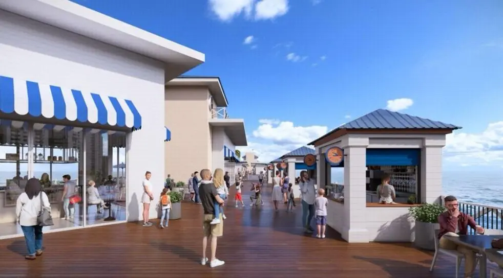 Imagem apresenta reprodução de projeto arquitetônico do Píer do Ideal, com vista para lojas e quiosques.