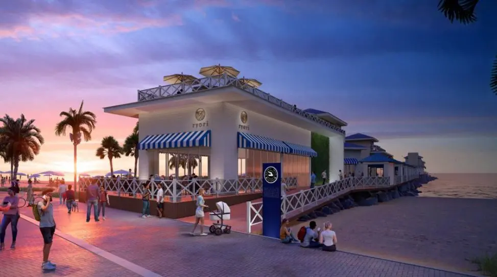 Imagem apresenta reprodução de projeto arquitetônico do Píer do Ideal, com vista para lojas e quiosques.