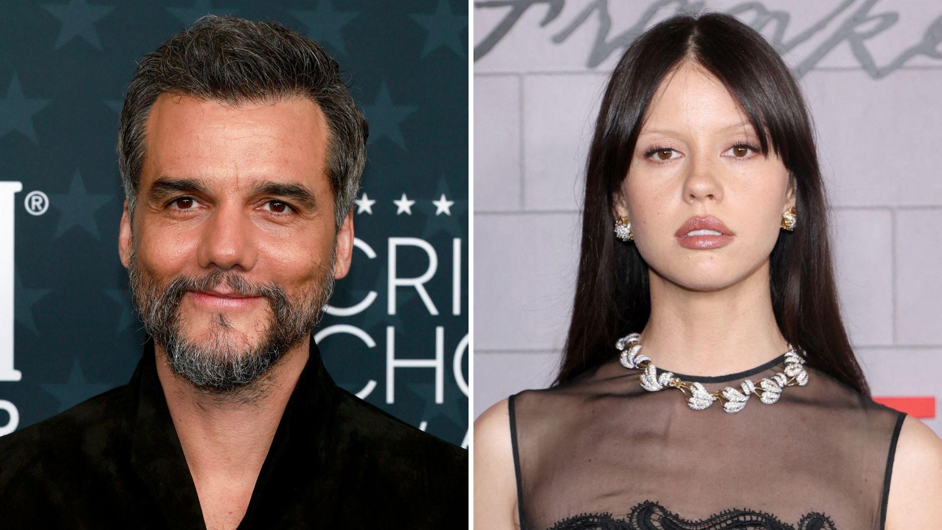 montagem de fotos de Mia Goth e Wagner Moura durante premiação do cinema.