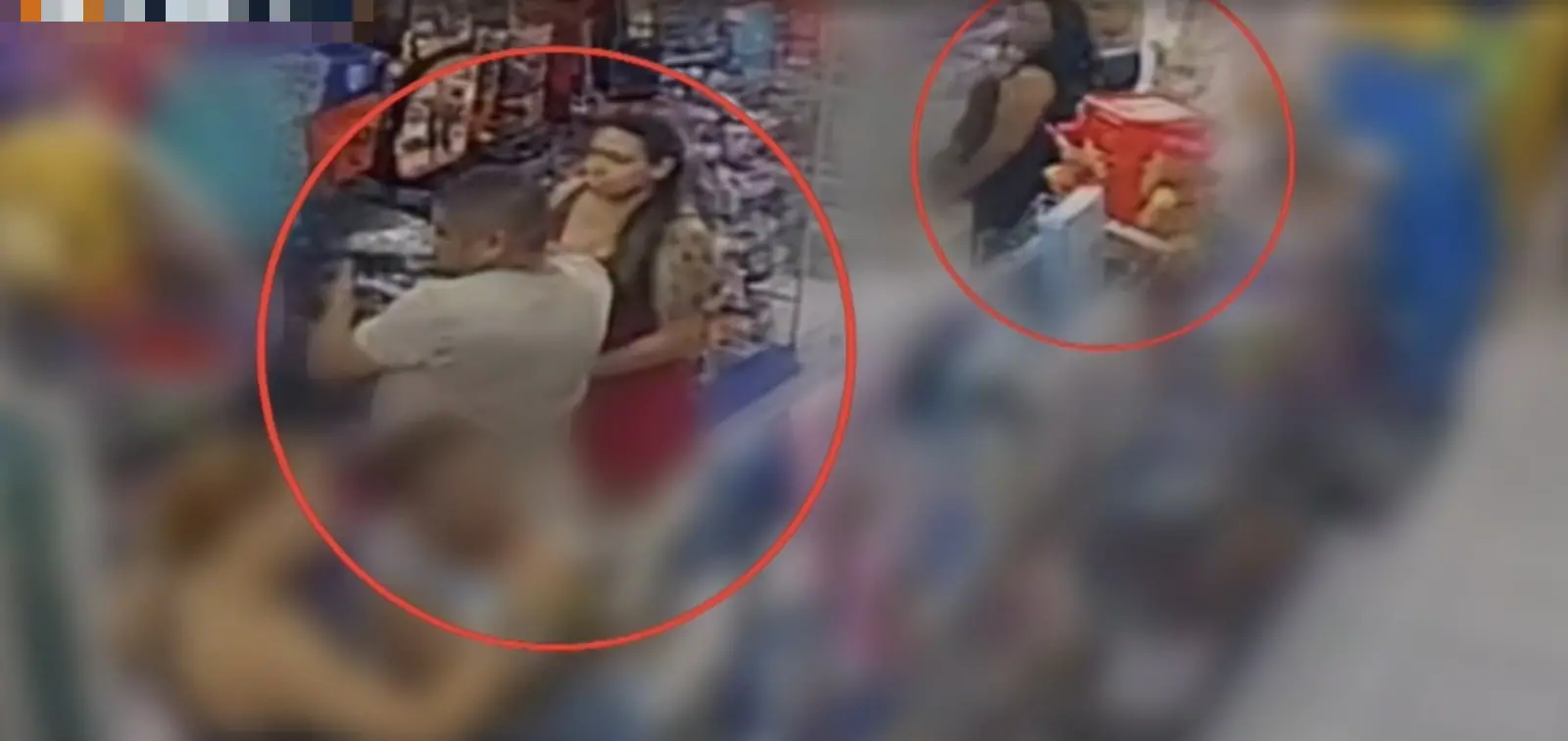 A imagem, de uma câmera de segurança, mostra um homem e duas mulheres praticando um furto de mochilas de uma loja.