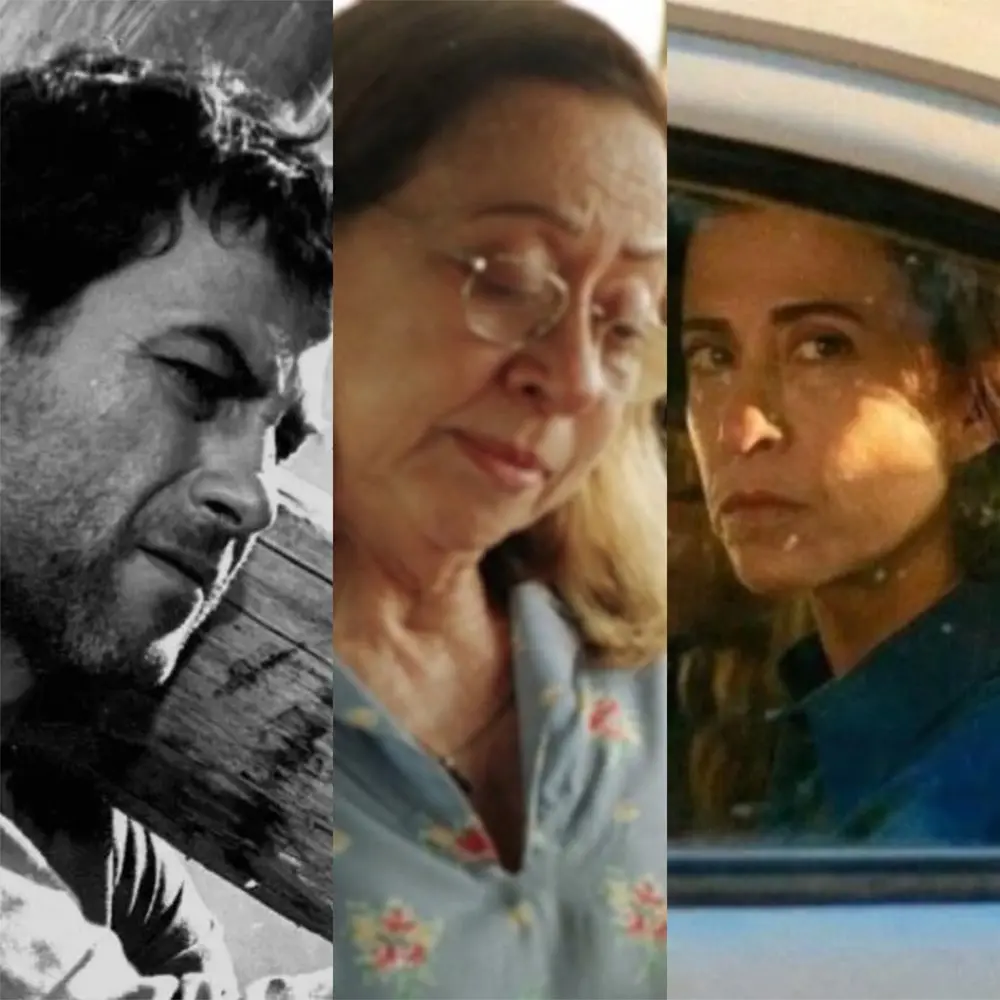 Na imagem, do lado esquerdo, ma fotografia em preto e branco de Leonardo Villar no filme O Pagador de Promessas (1962). Ele aparece de perfil, com expressão de sofrimento e suor no rosto, carregando uma pesada cruz de madeira. Este foi o primeiro filme brasileiro a ser indicado ao Oscar de Melhor Filme Estrangeiro; no centro, ma imagem colorida de Fernanda Montenegro no filme Central do Brasil (1998). Ela está de óculos, olhando para baixo com uma expressão melancólica e terna. Pela sua atuação como Dora, ela se tornou a primeira brasileira (e única até hoje) indicada ao Oscar de Melhor Atriz; no lado direito, uma imagem colorida de Fernanda Torres no filme Ainda Estou Aqui (2024). Ela está dentro de um carro, olhando fixamente pela janela com um olhar profundo e resiliente. O filme gerou grande aclamação internacional e forte campanha para as premiações da Academia.