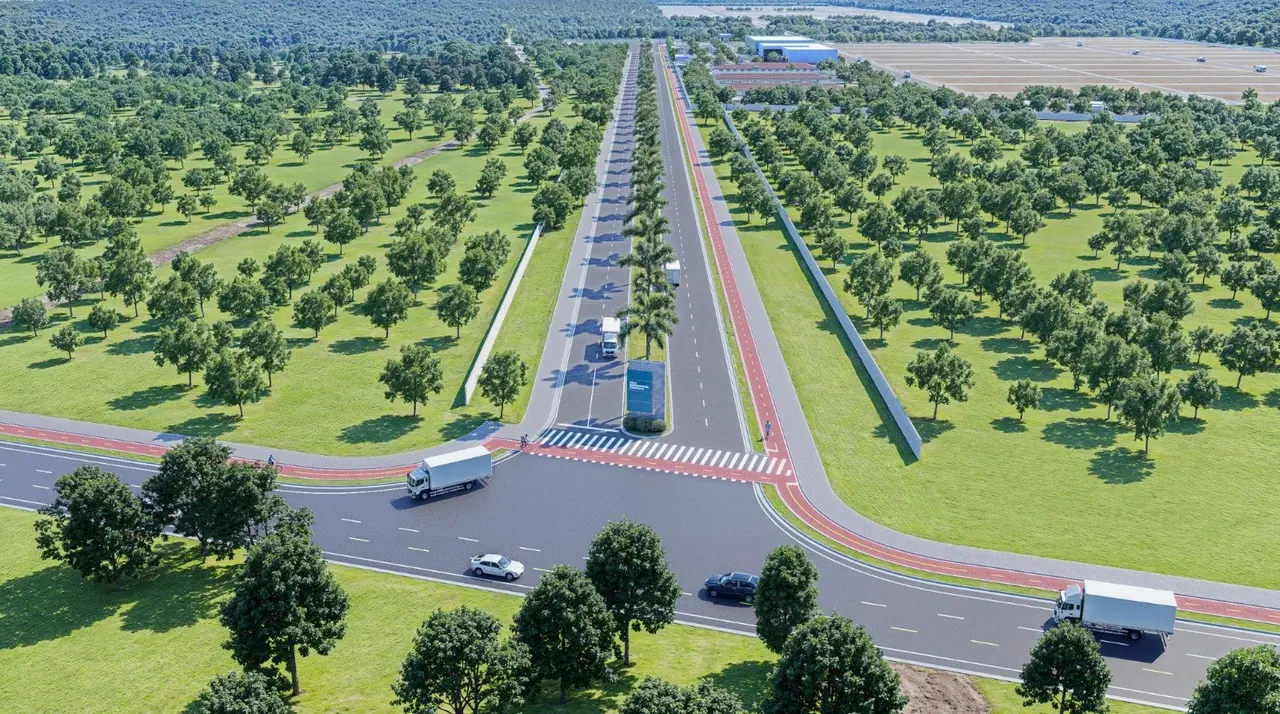 Imagem de projeto de uma grande via de mão dupla, com duas pistas e canteiro arborizado no meio, do Polo Empresarial de Itapipoca, no Ceará, com acesso para a rodovia CE-168.