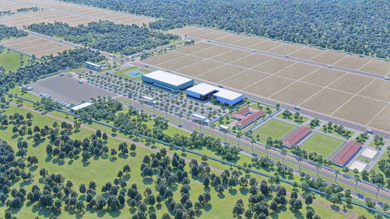 Imagem área de projeto do Polo Empresarial de Itapipoca, no Ceará, com demarcação de lotes e projeção da estrutura de administração do local.