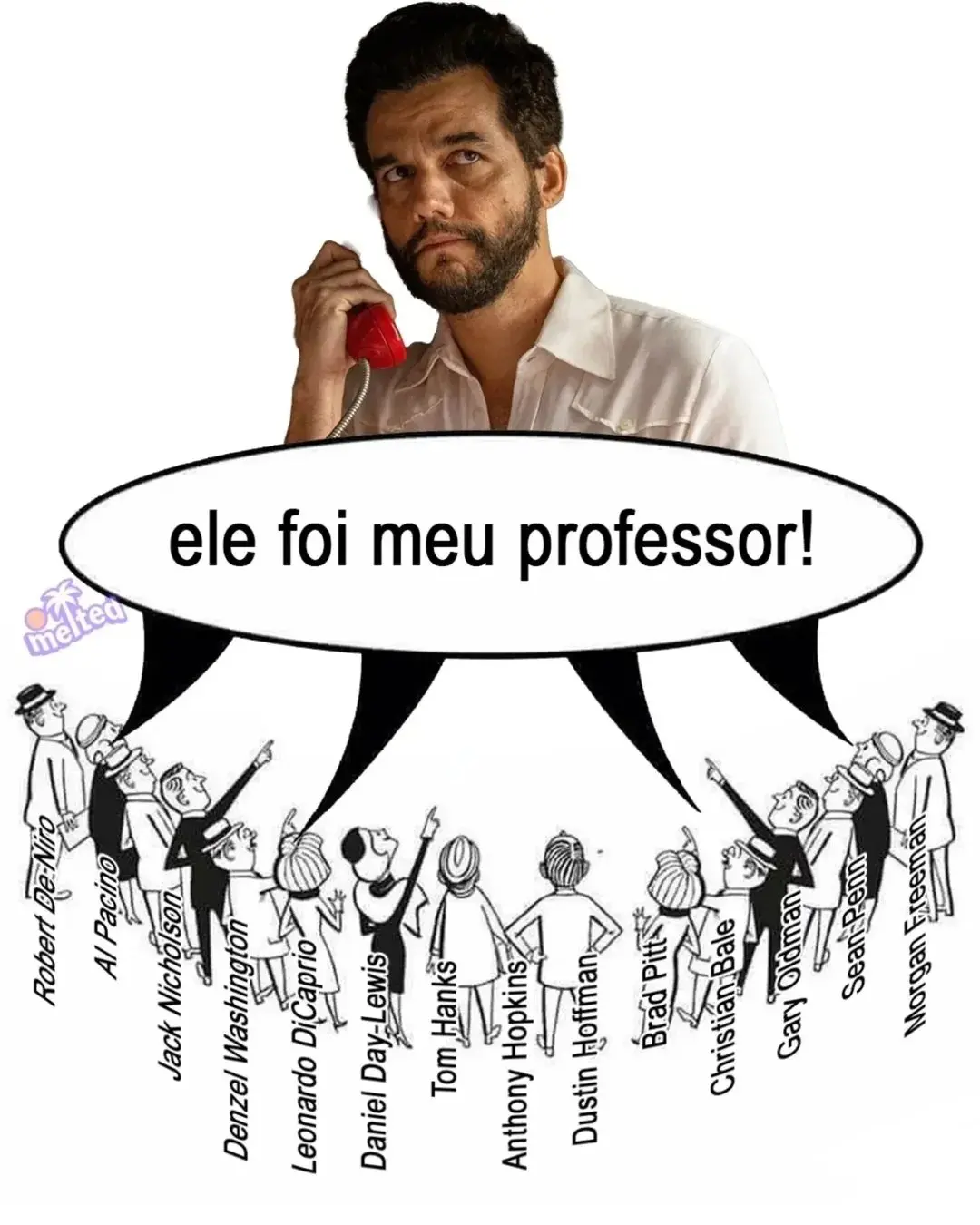 Montagem com o ator Wagner Moura e diversos bonequinhos com o nome de diretores famosos do cinema apontando para ele e dizendo 'Ele foi meu professor'.
