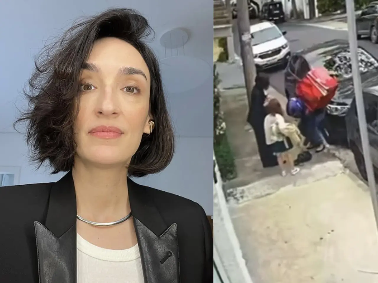 Duas fotos. À esquerda, Maria Prata, mulher branca de cabelos curtos, lisos e pretos, usando uma blusa branca e jaqueta preta, com um colar prata. À direita, imagem de câmera de segurança com três pessoas, Maria, uma criança pequena de cabelos longos e castanhos e um motoqueiro com capacete e roupa preta, usando mochila de entrega vermelha. Eles estão na calçada e há carros estacionados.