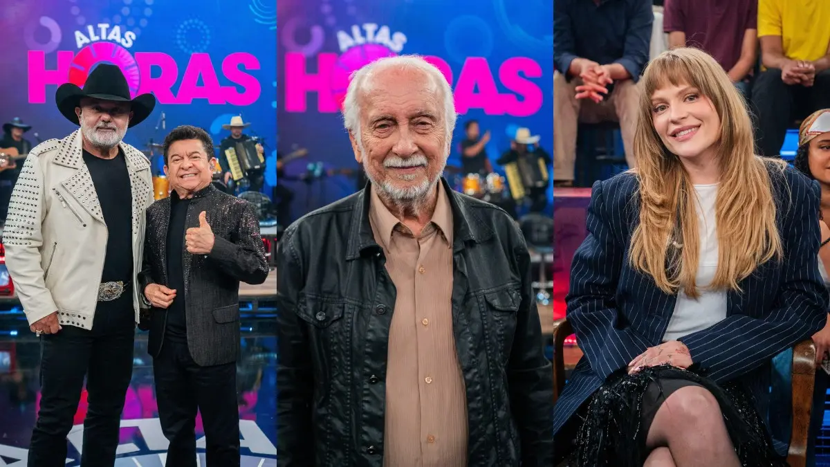 Artistas brasileiros em um programa de auditório, com Rionegro & Solimões à esquerda, Roberto Menescal ao centro e Luísa Sonza à direita, sob a logomarca 'Altas Horas'.