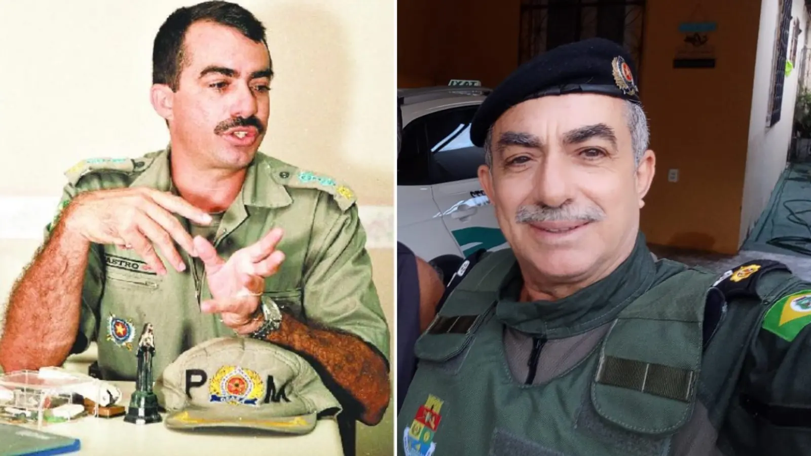 A imagem de arquivo mostra uma foto antiga do major PM Ernane Castro, o major Castro, e ao lado uma foto recente do oficial.