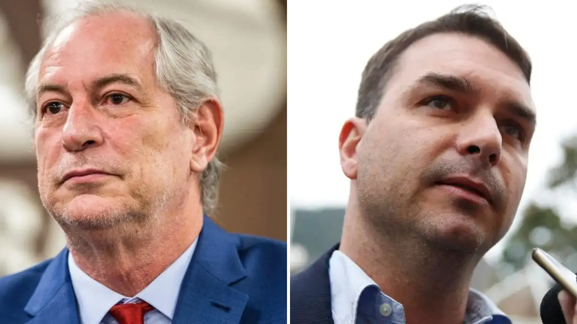 Imagem em composição lado a lado mostra Ciro Gomes e Flávio Bolsonaro em close. Ciro usa terno azul e gravata vermelha, com expressão séria. À direita, Flávio fala com a imprensa enquanto um celular é apontado em sua direção.