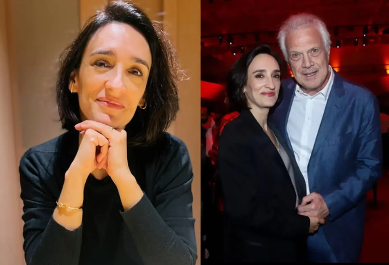 Duas fotos. À esquerda, Maria, uma mulher branca de cabelo escuro curto e liso usando blusa de manga longa preta, com cotovelos apoiados na mesa. À direita, Maria, com um terno preto, e Pedro, homem branco de cabelos grisalhos, com blusa social branca e terno azul.