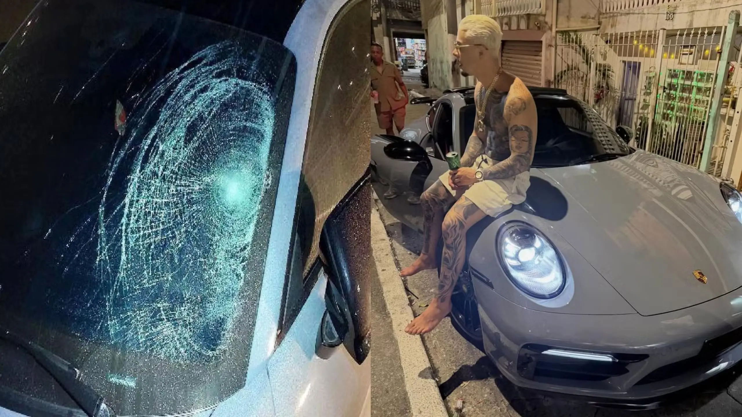 MC Tuto sentado em um carro Porsche cinza claro e, a direita , o para-brisa do mesmo veículo quebrado após o atropelamento.