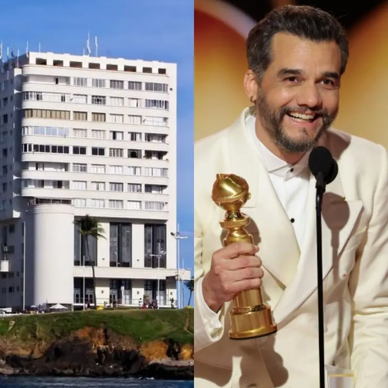 Montagem de imagem do prédio branco em que o ator Wagner Moura tem um apartamento e a foto de Wagner segurando o Globo de Ouro, que ele ganhou em janeiro de 2026.
