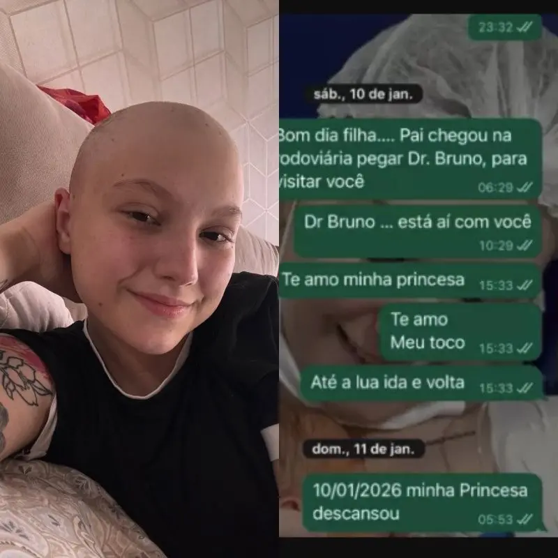 Montagem com foto de Isabel Veloso e as últimas mensagens que o pai enviou para ela.