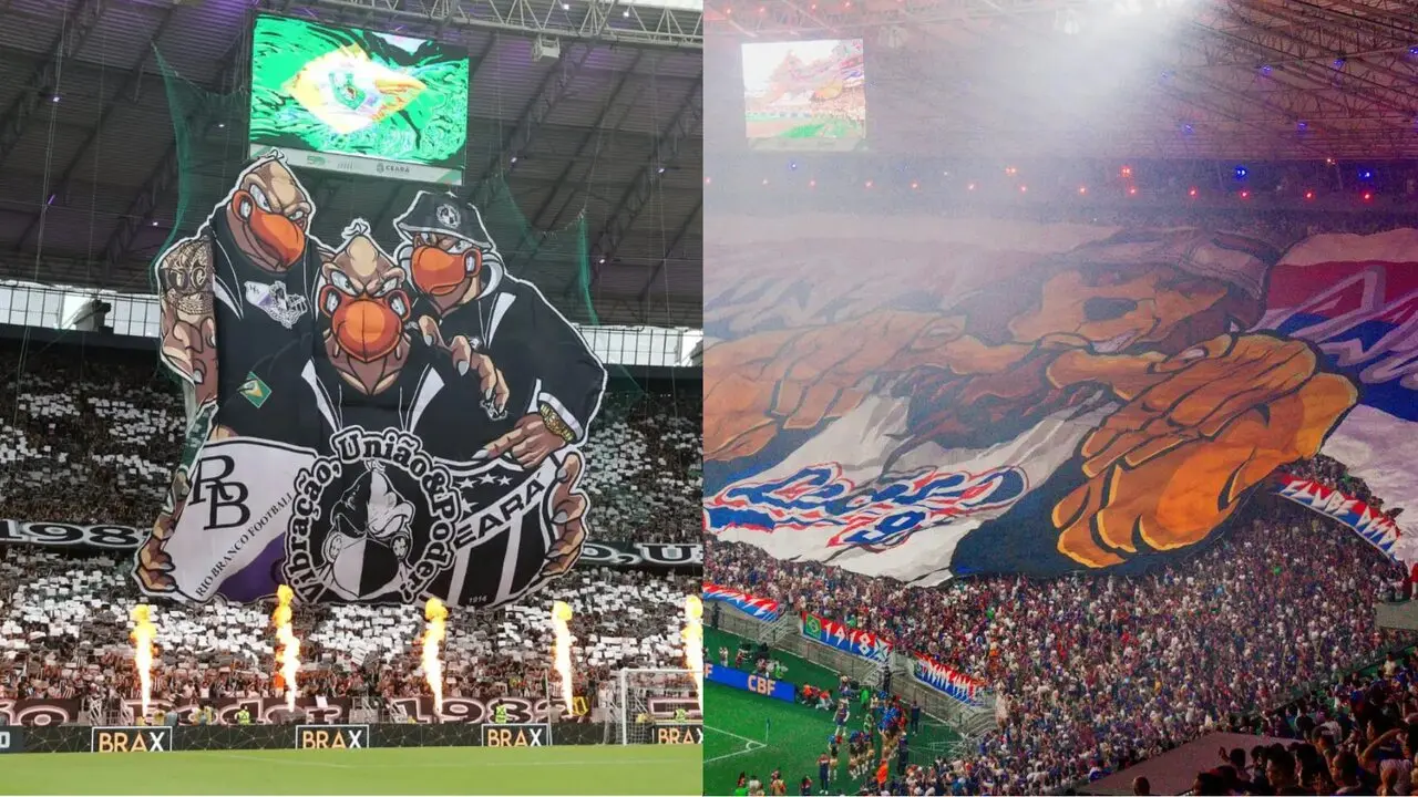Montagem com fotos das torcidas de Ceará e Fortaleza