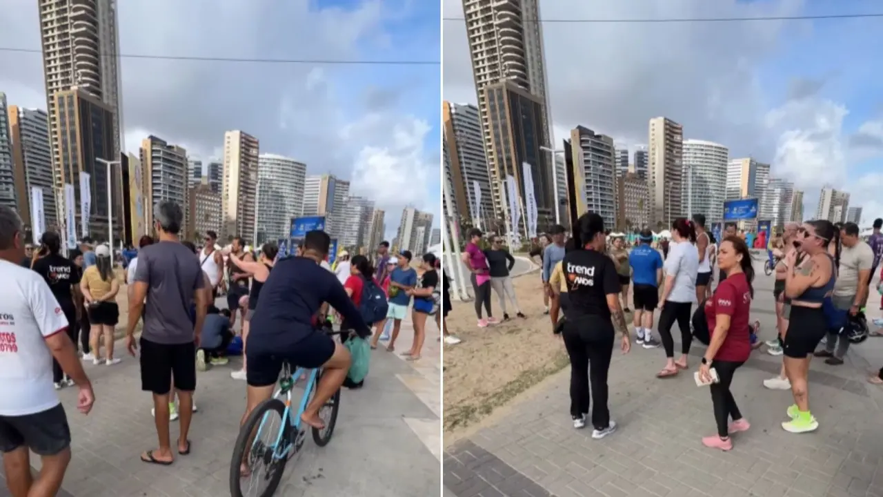 Fotos de parte da calçada da Beira-Mar de Fortaleza onde idosa foi atropelada por ciclista, em 25 de janeiro de 2026.