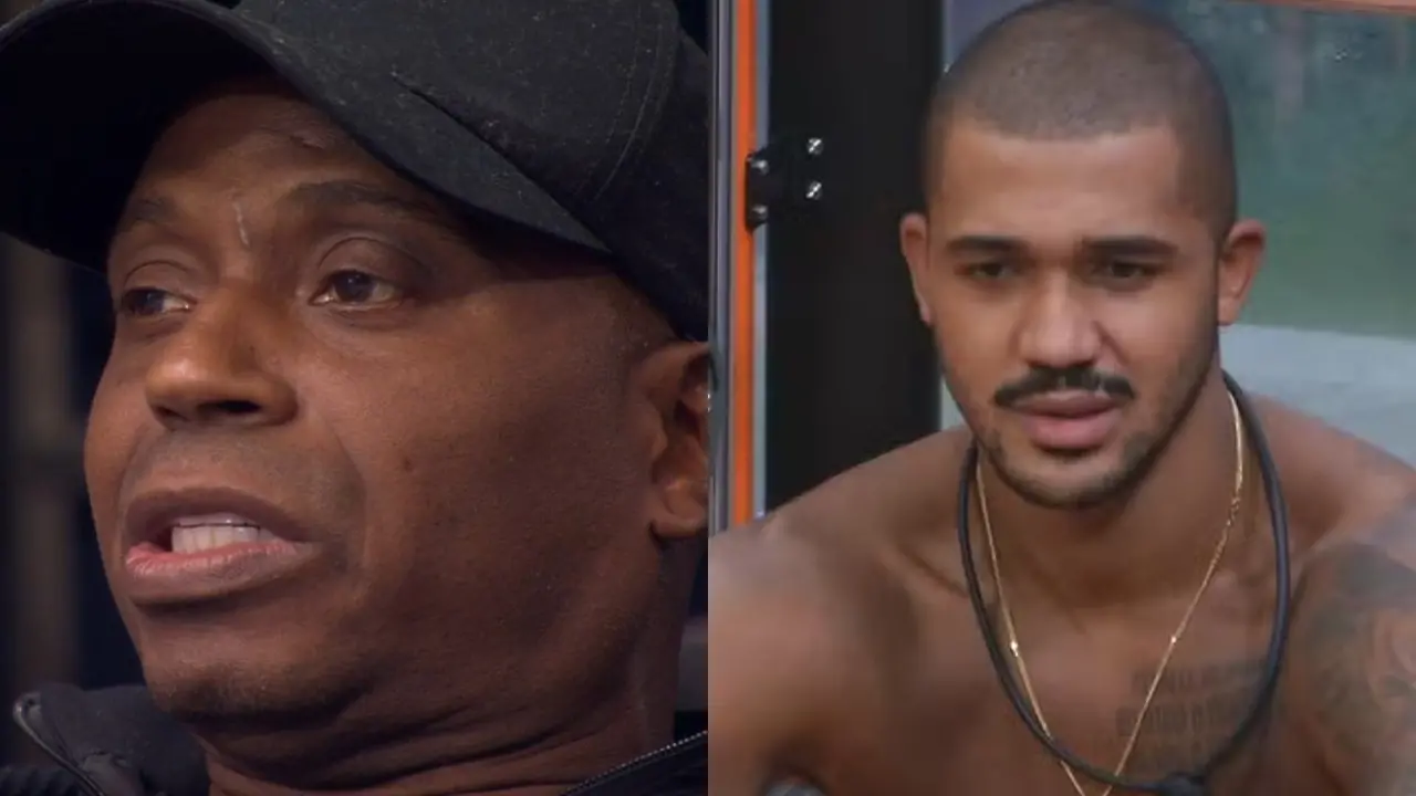 Dois participantes de reality show em momentos distintos dentro da casa, um usando boné em ambiente interno escuro e outro sem camisa exibindo tatuagens em área iluminada do programa.