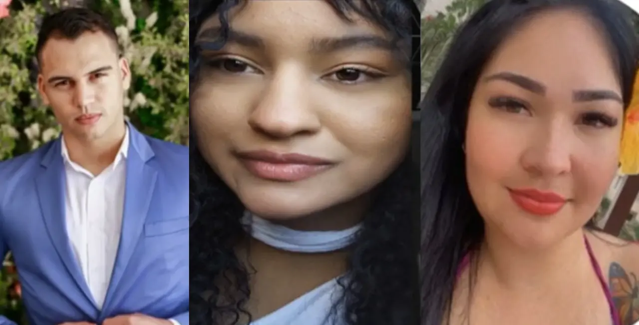 Da esquerda para a direita: homem branco de cabelo preto, usando terno azul e blusa branca; mulher parda de cabelo preto longo e vestido branco; mulher branco de cabelo liso longo e blusa de alça vermelha.