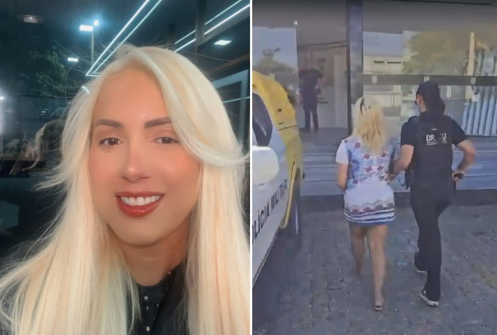 As imagens mostram uma mulher loira, fazendo uma selfie, e sendo presa por uma policial civil e levada à delegacia.