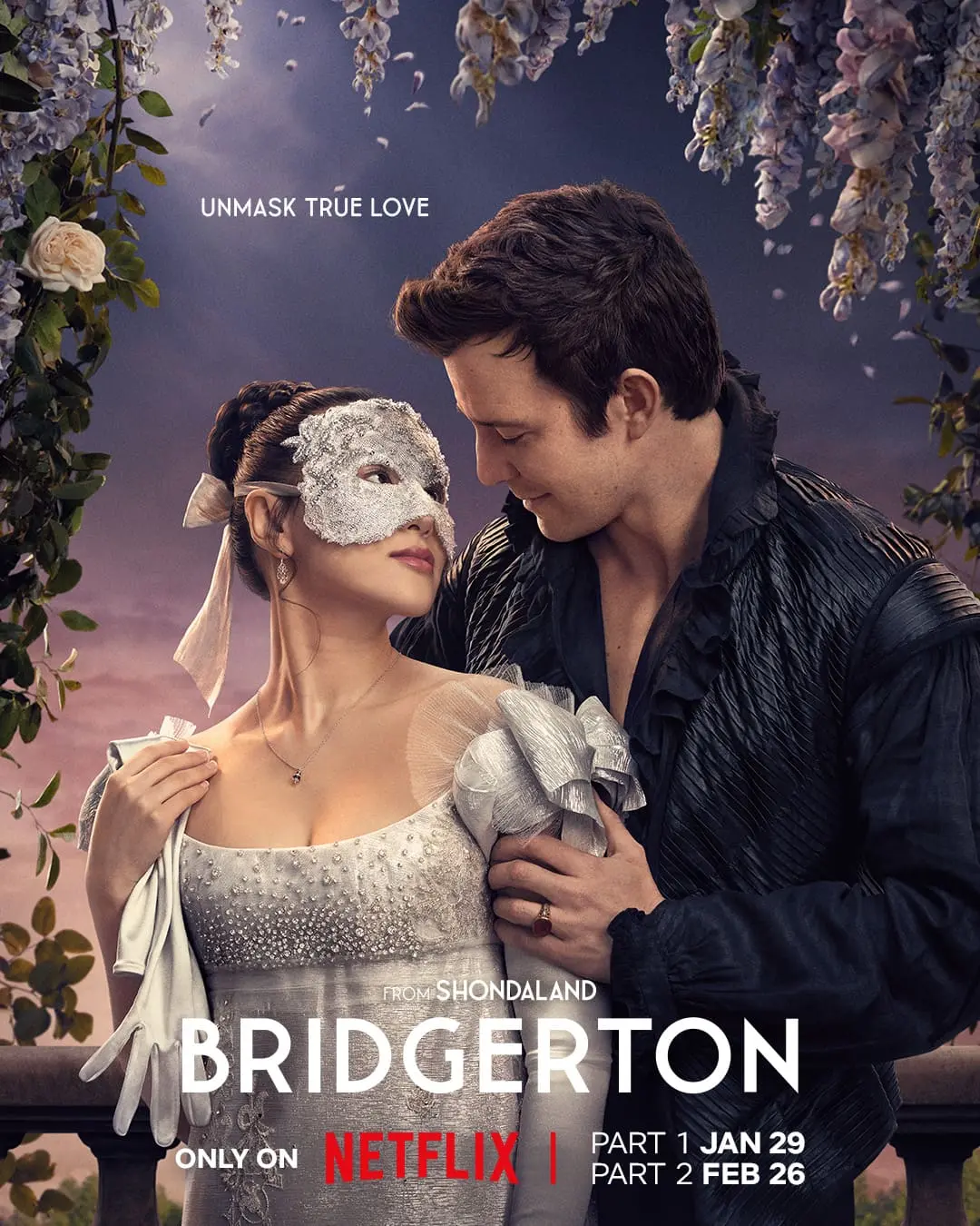 Cartaz da série Bridgerton da Netflix, mostrandoo casal foco da temporada em trajes de época se abraçando.