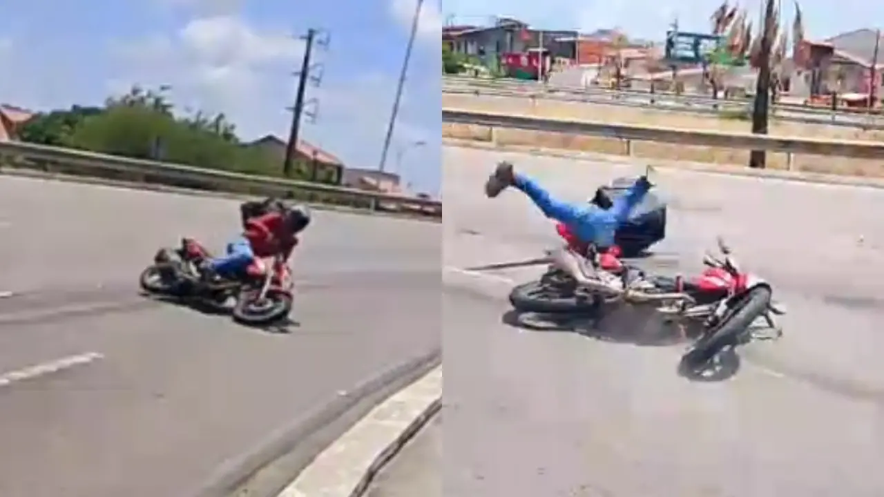 Entregador que filmava óleo na pista registou o momento em que motociclista caiu na Avenida Alberto Craveiro.