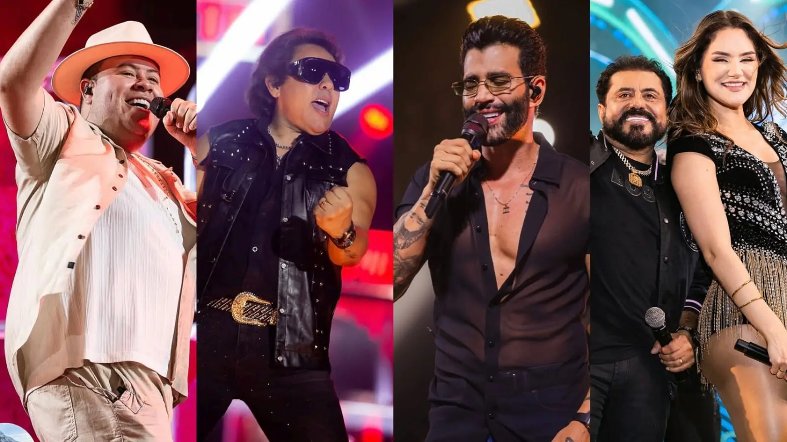 Montagem com quatro fotos dos artistas, cantor Rey Vaqueiro, a banda Calcinha Preta, o cantor Gusttavo Lima e a banda Limão com Mel