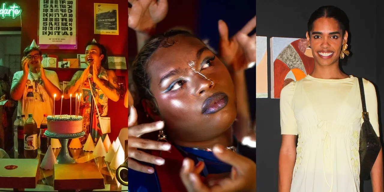 Uma montagem de três fotos celebra a arte e vidas trans em Fortaleza, apresentando uma festa de aniversário com bolo iluminado à esquerda e um retrato expressivo com maquiagem artística ao centro. À direita, uma pessoa sorri em frente a obras de arte na exposição, completando a narrativa de celebração e visibilidade em ambientes culturais vibrantes.