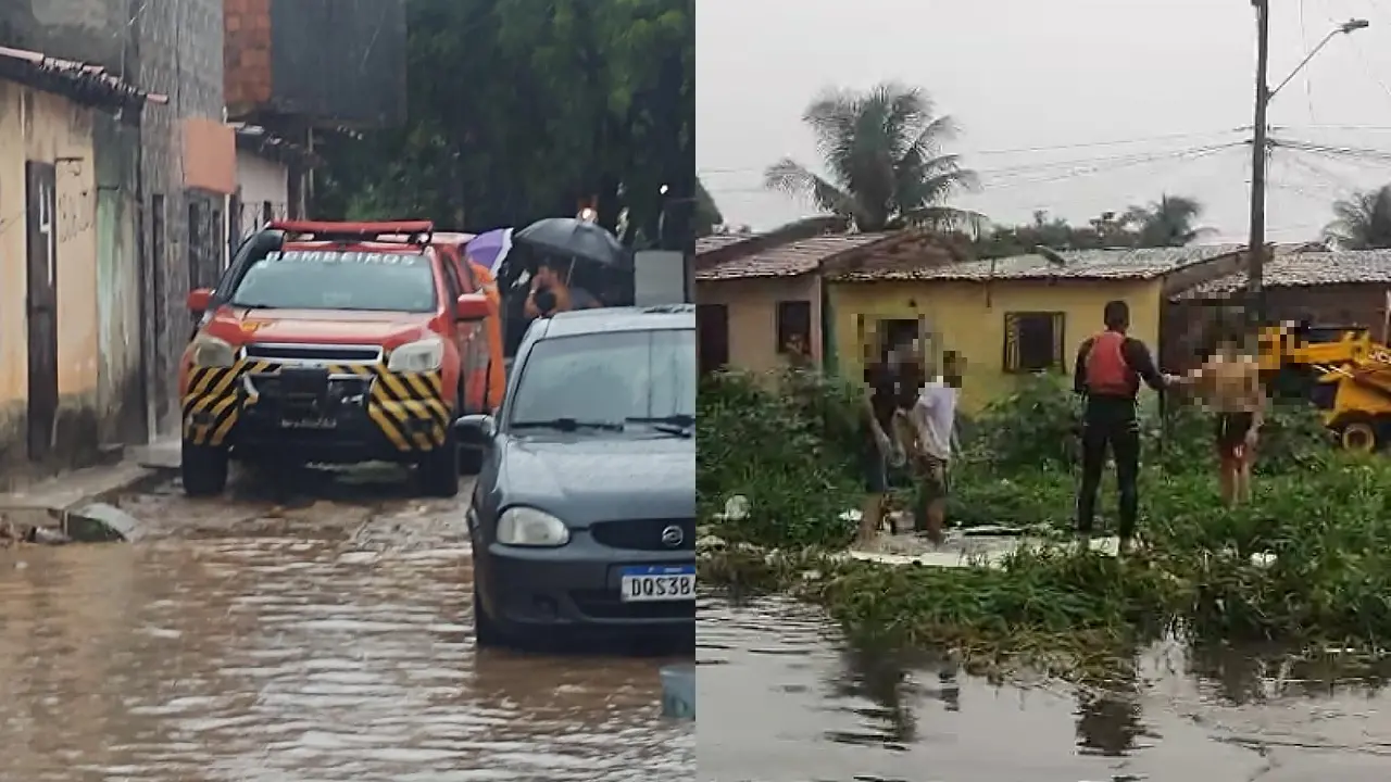 A imagem justapõe dois momentos de uma operação de resgate em uma área urbana inundada: à esquerda, uma viatura vermelha do Corpo de Bombeiros trafega por uma rua residencial sob chuva e águas barrentas; à direita, socorristas e civis mobilizam-se em um terreno tomado por vegetação aquática e lixo flutuante, próximo a casas simples e uma retroescavadeira, evidenciando os esforços de busca em um cenário de calamidade ambiental.