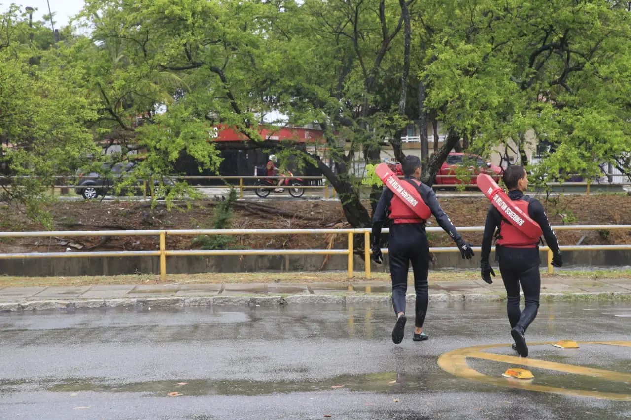 A imagem justapõe dois momentos de uma operação de resgate em uma área urbana inundada: à esquerda, uma viatura vermelha do Corpo de Bombeiros trafega por uma rua residencial sob chuva e águas barrentas; à direita, socorristas e civis mobilizam-se em um terreno tomado por vegetação aquática e lixo flutuante, próximo a casas simples e uma retroescavadeira, evidenciando os esforços de busca em um cenário de calamidade ambiental.