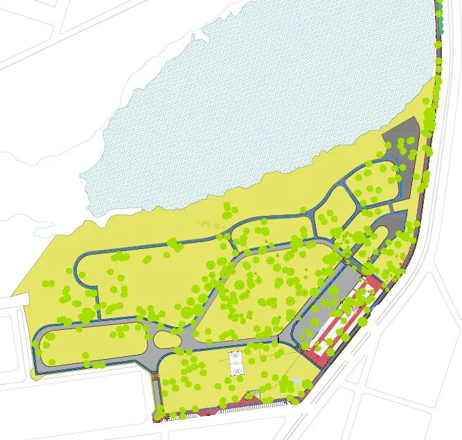 Visualização aérea esquemática da Lagoa da Maraponga, mostrando a distribuição de vegetação, trilhas sinuosas, estacionamentos e estruturas construídas próximas a uma costa ou lago.