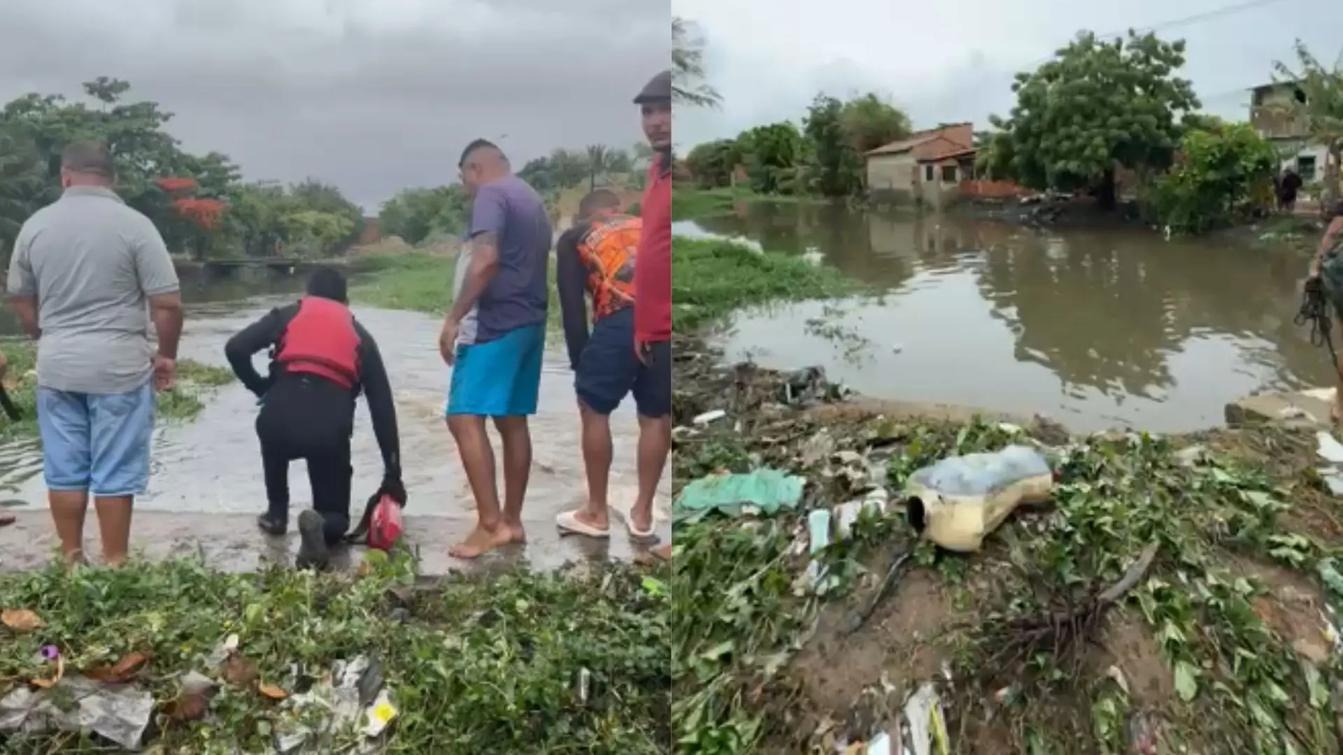 Foto de populares auxiliando na busca de adolescente desaparecido após ser arrastado em canal de Fortaleza.