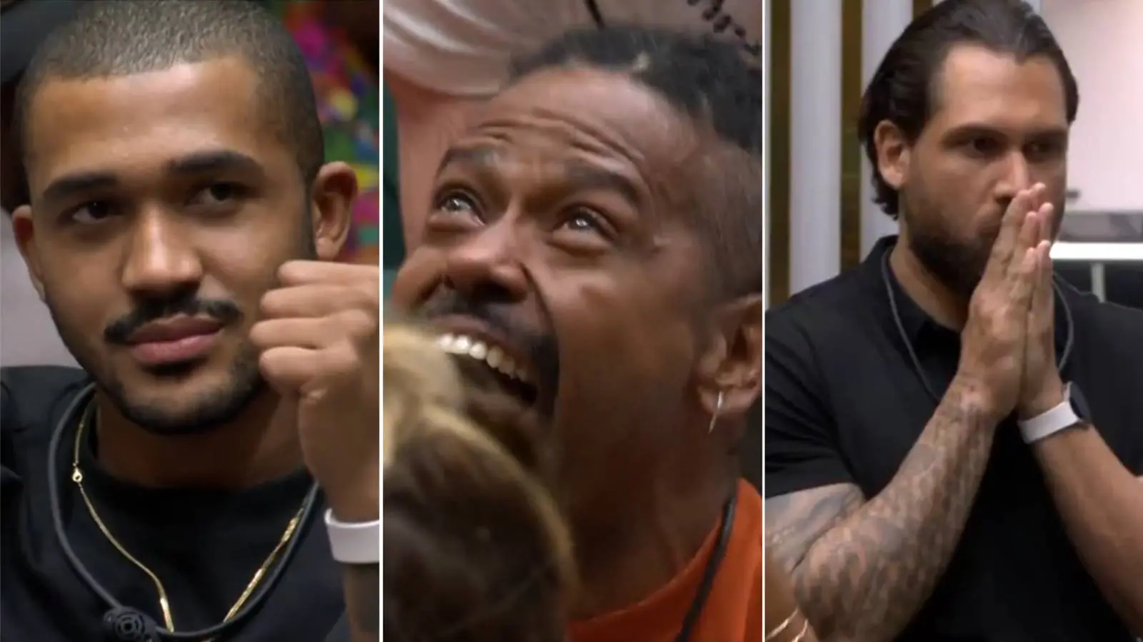 Imagem mostra reações de Matheus, de Leandro e de Brigido após resultado do segundo paredão do bbb 26, que eliminou Matheus.