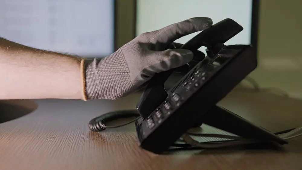 Mão com luva segura aparelho telefônico.