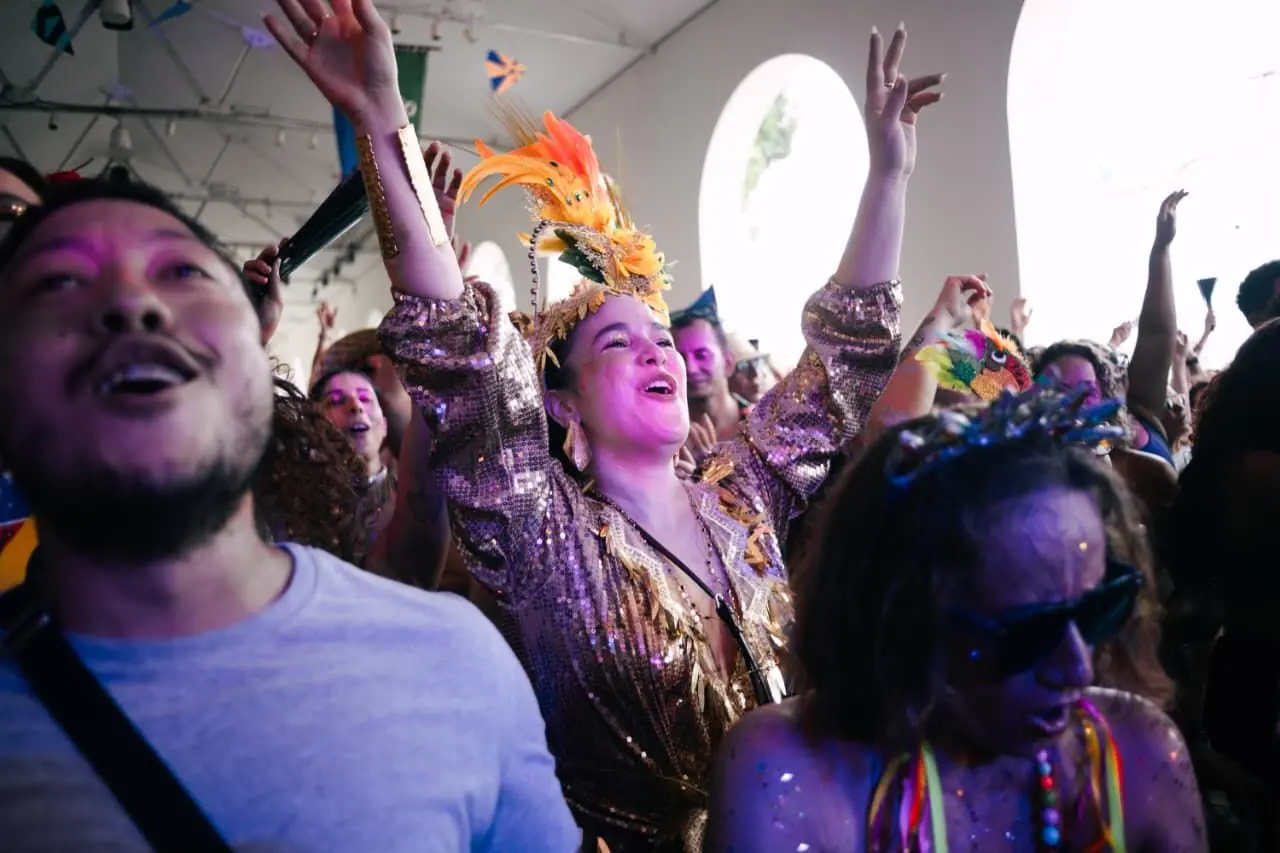 pessoa carnavalesca, fantasiada, em meio a bloco.
