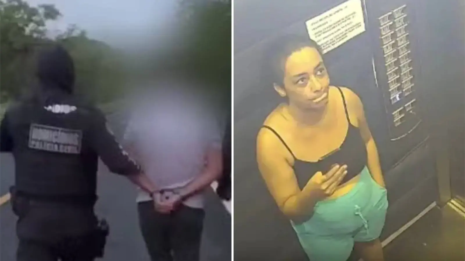 Combinação de imagens mostra, à esquerda, o síndico Cléber Rosa de Oliveira sendo conduzido por agente da Polícia Civil ao local onde abandonou o corpo da corretora Daiane Alves Souza, e, à direita, a última imagem registrada da corretora Daiane Alves Souza antes de desaparecer em Caldas Novas, em Goiás.