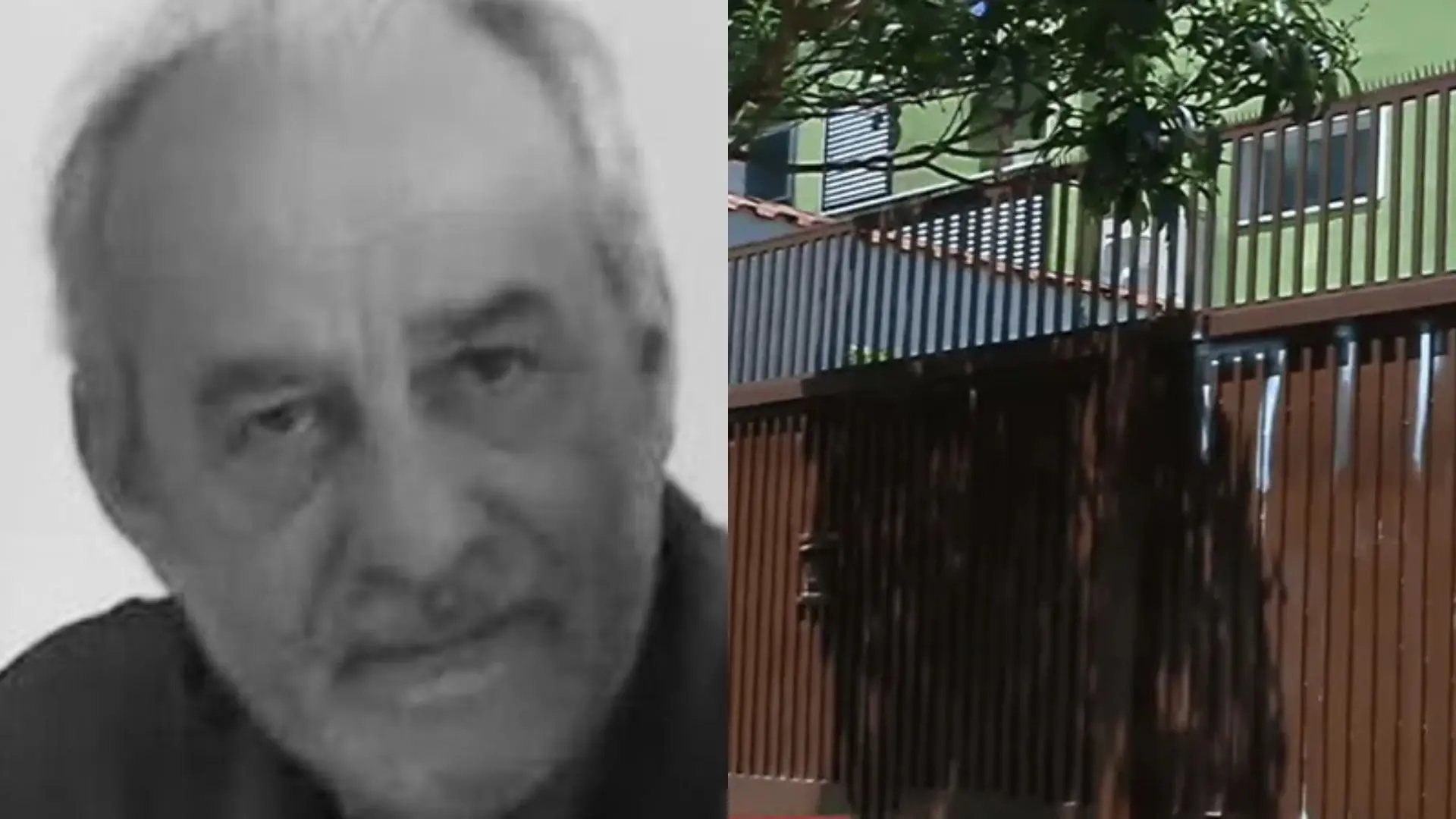 Colagem mostrando o rosto de Miguel Abdala em preto e branco e o sobrado onde ele morava, local do furto.