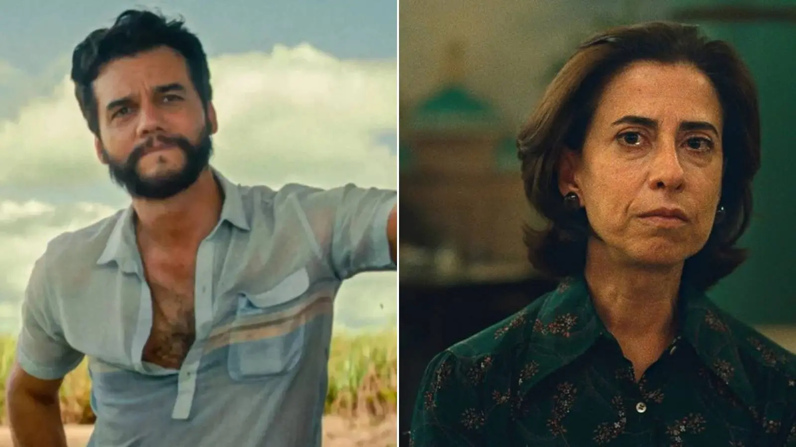 Imagem dividida mostra, à esquerda, Wagner Moura no filme O Agente Secreto, usando barba e camisa azul em um campo; à direita, Fernanda Torres no filme Ainda Estou Aqui com expressão séria e de camisa estampada em ambiente interno.