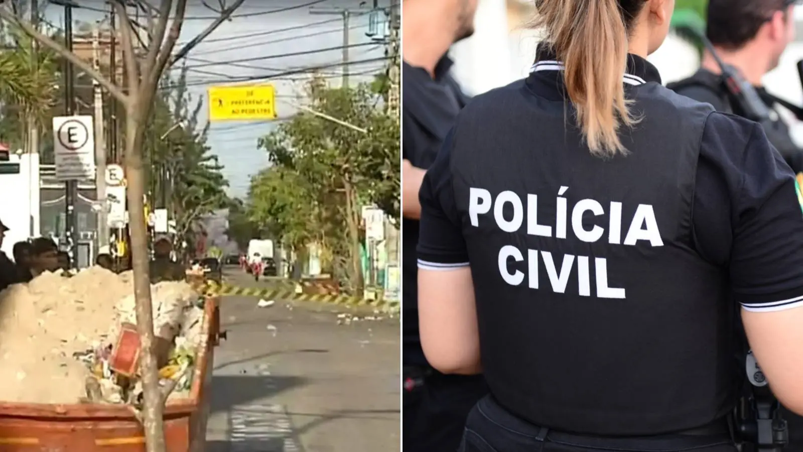 Imagem dividida mostrando uma rua com fita de isolamento e caçamba de entulho à esquerda, e um policial da Polícia Civil de costas à direita.