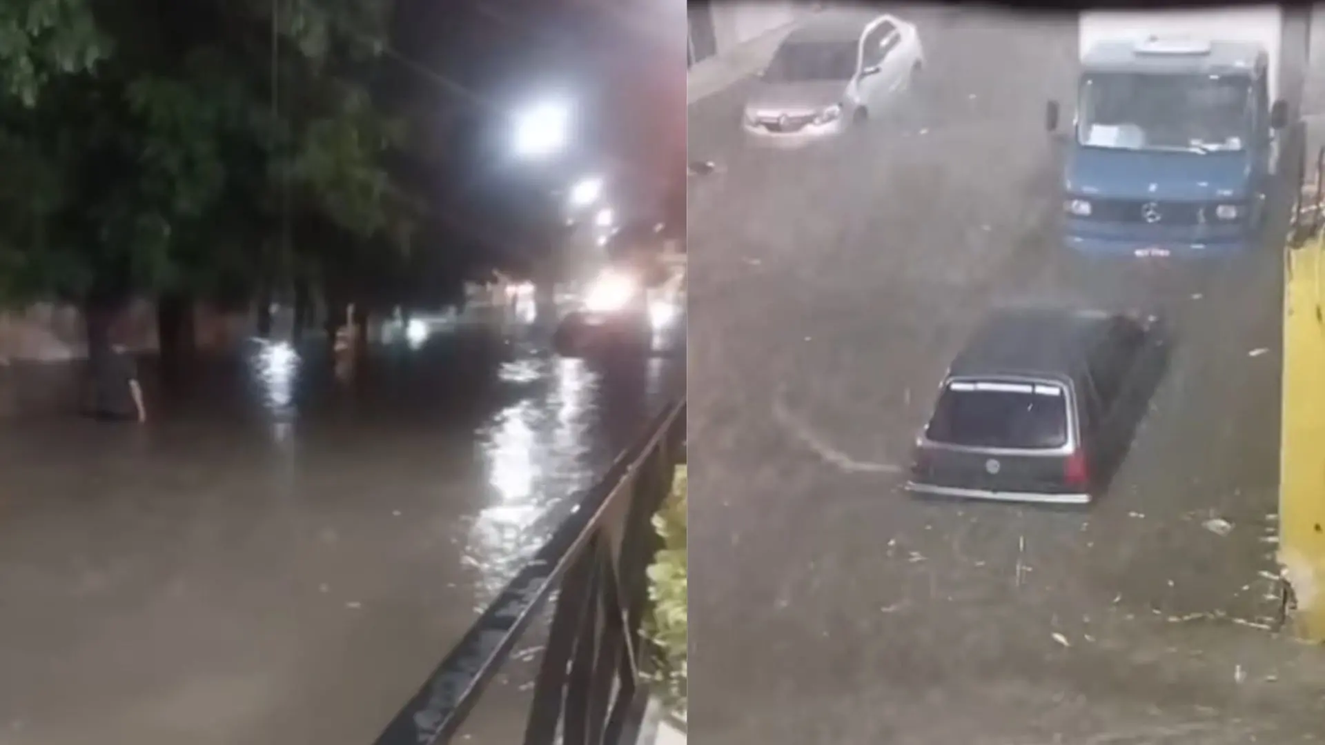 Imagens de uma forte chuva causando alagamentos em Canindé, no Interior do Ceará, com ruas inundadas e carros sendo atingidos pela água intensa.